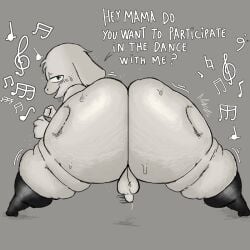 1:1 anothercat anthro asriel_dreemurr ass balls big_butt bodily_fluids bovid caprine clothing dancing dialogue femboy fur genitals goat huge_butt legwear looking_at_viewer male mammal musical_note musical_symbol nude penis rear_view small_balls small_penis smile solo spread_legs spreading standing stockings sweat sweaty_butt symbol thick_thighs undertale undertale_(series) white_body white_fur wide_hips