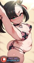 ai_generated armpits ass_focus beach belly big_ass bikini black_hair blush busty choker creatures_(company) curvy female female_only from_above from_side g-string game_freak green_eyes hi_res highres huge_ass lingerie marnie_(pokemon) nintendo plump_belly pokemon pokemon_(game) pokemon_ss pokemon_trainer pose seraphim_ai short_hair smile solo stable_diffusion sunlight sunlight_rays thong