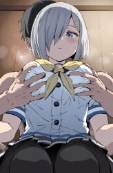1boy belko black_hair black_pantyhose blue_eyes blush breasts commentary_request female grabbing_another's_breast grabbing_from_behind grey_hair groping hair_ornament hair_over_one_eye hairclip hamakaze_(kancolle) hamakaze_(kantai_collection) highres kantai_collection large_breasts neckerchief pantyhose parted_lips pleated_skirt sailor_collar school_uniform serafuku shirt short_hair short_sleeves sitting skirt solo_focus steam straight sweat yellow_neckerchief