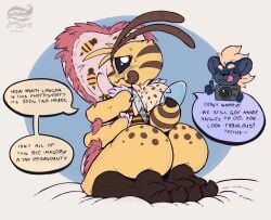 4_arms antennae_(anatomy) anthro arthropod bee blueberry_(bitfly) blush camera dialogue embarrassed english_text hi_res honey_bee hymenopteran insects jammerhighwind male mammal mandibles mephitid multi_arm multi_limb nude skunk solo speech_bubble stinger taking_picture text tongue tongue_out wexley_(jammerhighwind)