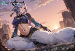 1girls abs absurd_res ai_generated blue_eyes female foot_fetish footwear giant_ass giant_breasts giant_thighs giantess giantess_feet giantess_growth goddess growth gtsdimensionjumper horn horns league_of_legends midriff navel navel_cutout pink_hair purple_hair size_difference toeless_legwear toes yunara yunara_(league_of_legends)