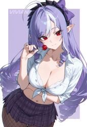 1girls ahoge ai_generated big_breasts cleavage collarbone drill_hair female female_only fishnets front-tie_top headband lolipop long_hair mole mole_under_eye multicolored_hair nail_polish navel pleated_skirt pointy_ears purple_hair red_eyes schoolgirl skirt tied_shirt vampire vivian_(zenless_zone_zero) white_bra white_shirt