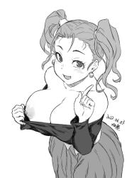 blush breasts dragon_quest dragon_quest_viii earrings female female_focus flashing jessica_albert jewelry large_breasts looking_at_viewer monochrome nipples one_breast_out signature simple_background smile solo square_enix tsukudani_(coke-buta) twintails