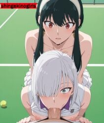 2girls ai_generated anime assisted_fellatio blowjob breasts_out cooperative_fellatio deepthroat female fiona_frost oral oral_sex pov sex shingekinogirls spy_x_family tenis_outfit wit_studio yor_briar yor_forger