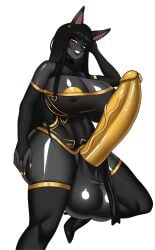 anthro anthro_futa anubian_jackal areola_slip arm_sleeves bangs big_areola big_ass big_nipples big_penis big_thighs black_hair black_skin dress ear_piercing ear_ring gold_cock gold_eyes gold_jewelry gold_nails gold_nipples gold_trim golden_skin high_heels huge_ass huge_breasts hyper_balls hyper_penis jokerbud long_hair looking_at_viewer necklace partially_clothed rhaja_aaruna seductive_eyes seductive_look seductive_pose seductive_smile stockings wide_hips