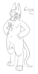anthro balls canid claws cybernetics digital_drawing_(artwork) digital_media_(artwork) digitigrade eyebrows foreskin fur gas_mask genitals hair hands_on_hips hi_res littlejay1 machine male mammal mask monochrome navel nude onyx_(littlejay1) penis presenting solo tail