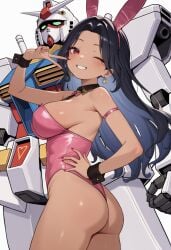 ai_generated ass blush brown_hair female gundam large_breasts mecha mobile_suit_gundam nijisanji nijisanji_en peace_sign pink_leotard playboy_bunny rabbit_ears red_eyes rx-78-2 scarle_yonaguni thighs v virtual_youtuber