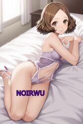 ai_generated blush brown_eyes brown_hair feet fluffy_hair haru_okumura high_heels highres lingerie medium_breasts medium_hair noirwu persona_5 purple_high_heels purple_lingerie sexy sexy_lingerie toes