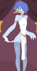 anthro avian beak bird blue_body blue_eyes blue_hair blush clothing embarrassed genitals hair jewelry jizzus legwear lon_(uglycoal) male penis penis_poking_out smile solo stockings