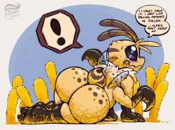 4_arms antennae_(anatomy) anthro arthropod bee blush bodily_fluids caught_off_guard compound_eyes dialogue embarrassed english_text hi_res honey_bee hymenopteran insects jammerhighwind male mandibles multi_arm multi_limb nude pollen solo speech_bubble sweat text wexley_(jammerhighwind)