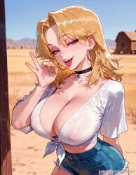 ai_generated balecxi black_choker blonde_hair blue_eyes cleavage covered_nipples cutoffs denim denim_shorts fellatio_gesture female hoop_earrings jewelry large_breasts looking_at_viewer marvel marvel_rivals naughty_face outdoors short_shorts short_sleeves solo sue_storm tied_shirt tongue tongue_out white_shirt