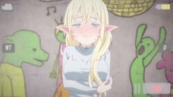 1girls animated asobi_asobase big_breasts blonde_hair blowing_kiss blue_eyes blush breasts busty close-up crossed_arms disguise elf female female_only half-closed_eyes highres large_breasts long_hair looking_at_viewer olivia_(asobi_asobase) one_eye_closed pointy_ears puckered_lips recording smile solo sweat sweater tagme talking trembling video voluptuous wink