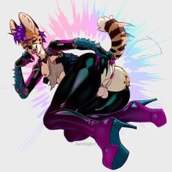 absurd_res ambiguous_gender anthro ass balls big_butt chastity_cage chastity_device clothing cybernetics cyberpunk fur genitals hair hi_res humanoid_genitalia latex latex_clothing lotix machine male mammal nipples nude robotic_arm rubber_clothing simple_background smile solo tail teeth tight_clothing topwear torn_clothing