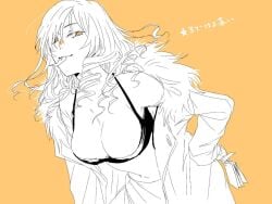 1girls big_breasts breasts busty cleavage coat confident drill_hair female female_only half-closed_eye hand_on_own_hip jacket japanese_text large_breasts leaning_forward looking_at_viewer medium_hair monochrome mouth_hold navel open_clothes open_coat oriana_thompson pose posing sarong seductive seductive_look seductive_smile smile solo tank_top to_aru_majutsu_no_index translation_request voluptuous