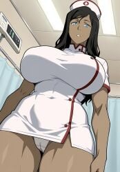 1girls ai_generated avatar_legends avatar_the_last_airbender ayyaai big_breasts blue_eyes breasts_bigger_than_head cameltoe dark-skinned_female hospital huge_breasts korra long_hair looking_at_viewer low-angle_view muscular_thighs nurse nurse_cap nurse_uniform panties solo solo_female solo_focus tanned tanned_female the_legend_of_korra thick_thighs thunder_thighs white_panties wide_hips