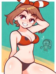 1boy 1girls 2d 2d_(artwork) absurd_res arm_behind_head arm_up artist_name artist_signature beach bedroom_eyes big_breasts big_thighs bikini bikini_bottom bikini_top blush blush blush_lines boner border bottomwear bow bow_hairband breasts brendan_(pokemon) brown_hair brown_hair brown_hair_female chest cleavage clenched_teeth digital_drawing_(artwork) digital_media_(artwork) erect_penis erection eyebrows eyelashes facing_viewer female female_focus front_view game_freak hair_accessory hairband half-closed_eyes hat headgear headwear hips huge_thighs human human_only inner_sideboob light-skinned_female light-skinned_male light_skin looking_at_viewer male may_(pokemon) medium_hair midriff narrowed_eyes navel nintendo no_bra no_panties no_underwear not_furry one_arm_up outdoors outside pale-skinned_female pale-skinned_futa pale-skinned_male pale_skin pokemon pokemon_rse pose posing red_eyes revealing_clothes seductive seductive_eyes seductive_look seductive_pose seductive_smile sideboob sitting skimpy skimpy_bikini skimpy_clothes skin_tight skintight skintight_clothing slim_waist smile smiling smiling_at_viewer smooth_skin swimming_trunks swimwear tagme teeth teeth_clenched thick_thighs thighs tight_clothing tight_fit topless topless_male topwear tsuvida upper_body white_border wide_hips