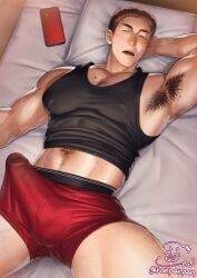 1boy abs armpit_hair armpits arms_up bara bed bedroom beefy biceps big_breasts big_bulge big_penis boxers breasts brown_hair bulge bulge_through_clothing cellphone chest_hair collarbone drooling erection erection_under_clothes futon gay hairy hands_behind_head happy_trail hi_res huge_breasts huge_cock hunk indoors konpenpen leg_hair legs_apart long_penis lying lying_on_back lying_on_bed male male_breasts male_only manly mature_male mole mole_on_armpit mole_on_ass mole_on_breast morning_wood muscles muscular muscular_arms muscular_legs muscular_male muscular_thighs navel nipples_visible_through_clothing offscreen_character oppai original original_character pecs pillow quadriceps saliva saliva_trail short_hair sleeping smartphone sweat sweatdrop tank_top thick_eyebrows thick_penis tough_guy triceps veiny_arms yaoi
