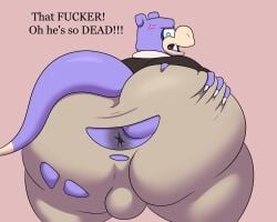 2025 5:4 angry anthro anus ass bent_over big_butt black_clothing black_sweater black_topwear blue_eyes bottomwear bulge butt_grab claws clothing colossalstars cross-popping_vein digital_media_(artwork) english_text exclamation_point fur generation_1_pokemon hand_on_butt hand_on_own_butt hi_res huge_butt looking_at_butt looking_at_own_butt looking_at_self looking_back male multicolored_body multicolored_fur nintendo obese obese_anthro obese_male overweight overweight_anthro overweight_male pants pokemon pokemon_(species) profanity purple_body purple_ears purple_fur purple_tail rear_view sharp_teeth shirt slowpoke solo sweater tail tan_body tan_bottomwear tan_clothing tan_fur tan_nose tan_pants teeth text thick_thighs topwear torn_bottomwear torn_clothing torn_pants tusks two_tone_body two_tone_fur white_claws white_clothing white_shirt white_topwear