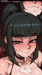after_fellatio ai_generated bangs bare_shoulders bikini black_choker black_hair blunt_bangs blush breasts brown_eyes choker cleavage collarbone cum cum_in_mouth cum_on_body cum_on_breasts cumdrip eve_(stellar_blade) facial female freckles heart large_breasts lips long_hair looking_at_viewer multiple_views nose_blush ponytail sidelocks smile sofaxd3x solo stellar_blade stray_pubic_hair sweat swimsuit upper_body