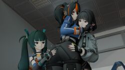 3d 3d_(artwork) 3girls ass_focus ass_grab big_ass big_booty black_hair blender blender3d blender_eevee female grabbing_ass green_eyes green_hair hoyoverse jane_doe_(zenless_zone_zero) looking_at_ass looking_down policewoman qingyi_(zenless_zone_zero) red_eyes thick_ass turquoise_eyes zenless_zone_zero zhu_yuan