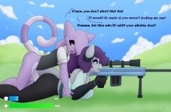 absurd_res all_fours anthro canid canine canis clothed clothed/nude clothed_sex clothing cloud dane_(max_draws) dialogue domestic_cat duo epic_games felid feline felis female fortnite from_behind_position gameplay_mechanics gloves gui gun handwear healing_sex health_bar hi_res horn lying male male/female mammal max_draws mercury_(mercuryshatter1) motion_lines nude open_mouth outside_sex prone_bone_position ranged_weapon rifle sex shield_bar side_view sniper_rifle weapon wolf