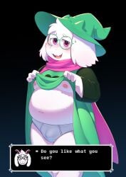 2025 absurd_res anthro badcat belly black_background blush blush_lines bodily_fluids bovid briefs bulge caprine clothed clothing deltarune detailed_bulge dialogue digital_media_(artwork) english_text eyebrows eyewear flesh_fang floppy_ears front_view fur glasses goat gradient_background green_clothing green_eyewear green_glasses green_hat green_headwear green_robe hat headgear headwear hi_res kemono looking_at_viewer male mammal moobs navel nipples open_mouth open_smile outie_navel overweight overweight_anthro overweight_male partially_clothed pink_eyes pink_nipples pink_scarf pink_tongue portrait presenting pupils ralsei robe robe_lift round_glasses scarf shaded simple_background smile soft_shading solo standing sweat sweatdrop talking_to_viewer text text_box thick_thighs three-quarter_portrait three-quarter_view tongue undertale_(series) underwear wearing_glasses white_body white_briefs white_clothing white_fur white_underwear