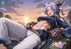 1girls abs absurd_res ai_generated blue_eyes female foot_fetish footwear giant_ass giant_breasts giant_thighs giantess giantess_feet giantess_growth goddess growth gtsdimensionjumper horn horns league_of_legends midriff navel navel_cutout pink_hair purple_hair size_difference toeless_legwear toes yunara yunara_(league_of_legends)