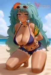 1girls 2d ai_generated aqua_hair ass barefoot big_ass big_breasts bikini bracelet brazilian_miku breasts dark-skinned_female earrings erophoenix eyewear_on_head feet full_body grin hair_flower hair_ornament hatsune_miku huge_breasts jewelry kneeling long_hair looking_at_viewer looking_back nail_polish patreon_username shorts smile soles solo solo_female sunglasses swimsuit tan tellow_shirt thick thick_thighs toes uncensored vocaloid