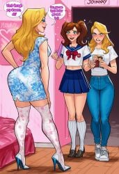 ai_generated blonde_hair blue_eyes dialogue fantastic_four human_torch human_torch_(marvel_rivals) invisible_woman johnny_storm marvel_comics peter_parker rule_63 spider-man spider-man_(series) sue_storm