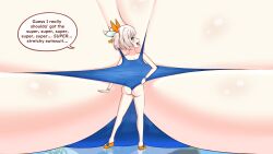 big_butt hyper_breasts ill_fitting_clothing immobile marimari_en meat_wall_(body_type) overflowing_breasts petite phase_connect phase_invaders swimsuit text_bubble