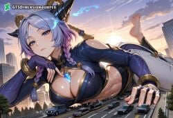 1girls abs absurd_res ai_generated blue_eyes female foot_fetish footwear giant_ass giant_breasts giant_thighs giantess giantess_feet giantess_growth goddess growth gtsdimensionjumper horn horns league_of_legends midriff navel navel_cutout pink_hair purple_hair size_difference toeless_legwear toes yunara yunara_(league_of_legends)