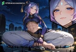 1girls abs absurd_res ai_generated blue_eyes female foot_fetish footwear giant_ass giant_breasts giant_thighs giantess giantess_feet giantess_growth goddess growth gtsdimensionjumper horn horns league_of_legends midriff navel navel_cutout pink_hair purple_hair size_difference toeless_legwear toes yunara yunara_(league_of_legends)