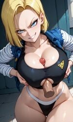 ai ai_generated android_18 evil_smile grabbing_breasts paizuri paizuri_under_clothes perpendicular_paizuri