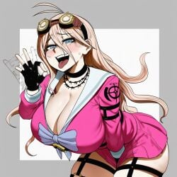1girls ahoge ai_generated blonde_hair blue_eyes blush bow breasts breasts_bigger_than_head choker cleavage danganronpa danganronpa_v3 fellatio_gesture female female_only fingerless_gloves garter_straps gloves goggles goggles_on_head hair_between_eyes hand_between_legs hand_gesture hanging_breasts horny huge_breasts inviting inviting_to_sex iruma_miu leaning_forward long_hair looking_at_viewer motion_lines naughty_face oral_invitation school_uniform serafuku short_skirt simple_background smile solo sweatdrop thick_thighs thighs tongue tongue_out wavy_hair