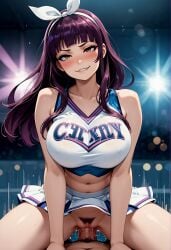 ai_generated brown_eyes cheerleader cowgirl_position fairy_tail fucked_silly hime_cut illustrious_(stable_diffusion) kagura_mikazuchi large_breasts long_hair navel orgasm payop pov pubic_hair purple_hair pussy pussy_juice skirt spread_legs uncensored vaginal_sex white_hair_ribbon