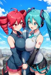 2girls ai_generated breast_squeeze breasts city female giantess giantess_growth growth hatsune_miku kasane_teto miku mikumikudance teto tiny