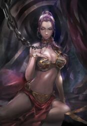2d 2d_(artwork) 2d_artwork alien alien_female alien_girl alien_humanoid bare_arms bare_legs bare_midriff bare_shoulders bare_thighs belly_button bikini bikini_top bra bracelet braided_hair braided_ponytail brassiere breasts brown_eyes brown_hair captured captured_female captured_girl captured_hero captured_heroine chain_leash chained chained_collar chained_up chains cleavage clip collar curtain curtains_open damsel_in_distress dancer dancer_class dancer_girl dancer_outfit dark_background ear_piercing ear_ring earring earrings eyelashes eyeshadow female gold_(metal) gold_bikini gold_bikini_top gold_bra gold_bracelet gold_bracelets gold_brassiere gold_collar gold_ear_piercing gold_ear_ring gold_ear_stud gold_earring gold_eyeshadow gold_hair_ornament gold_jewelry golden_bikini golden_bikini_top golden_bra golden_bracelet golden_bracelets golden_collar golden_ear_ring golden_earrings golden_hair_ornaments golden_shadow green_bikini green_bikini_top green_bra hair hair_ornament harem harem_girl harem_jewelry harem_outfit hourglass_figure hourglass_figured_female humanoid inner_sideboob leash leash_and_collar leash_pull leashed_collar leashed_female light-skinned_female light_skin lipstick loincloth long_hair long_ponytail medium_boobs medium_breasts metal_bracelet metal_collar midriff navel painted painting painting_(artwork) pillow_nest pillows pink_lips pink_lipstick ponytail princess_leia_organa red_curtain red_curtains red_loincloth red_pillow red_pillows return_of_the_jedi sideboob slave slave_bikini slave_collar slave_leia slave_outfit slavegirl star_wars star_wars:_return_of_the_jedi thick_thighs