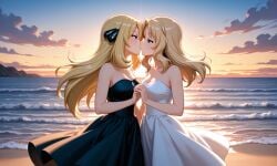 beach blonde_hair cynthia_(pokemon) dress kay_(girls_und_panzer) kissing lesbian_kiss women_only yuri