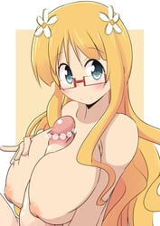 1boy areolae blonde_hair blue_eyes blush breasts female flower glasses hair_flower hair_ornament huge_breasts inverted_nipples long_hair looking_at_viewer mitsuki_sonoda naruse_mai nipples paizuri penis sakura_trick smile upper_body