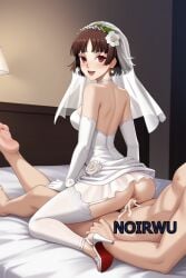 1girls ai_generated brown_hair cowgirl_position cum cum_inside feet happy happy_sex highres makoto_niijima medium_hair noirwu persona_5 red_eyes sex wedding_dress wedding_veil