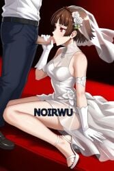 1girls ai_generated dress feet fellatio gloves high_heels highres makoto_niijima noirwu penis persona_5 toes wedding_dress wedding_veil white_high_heels