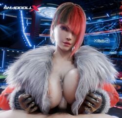 1boy 1boy1girl 1girls 3d absurd_res anna_williams areolae areolae_slip areolae_visible_through_clothing bandai_namco big_breasts boobjob breasts breasts cum cum_on_breasts highres looking_at_viewer paizuri paizuri_under_clothes partially_clothed partially_clothed_female semen semen_on_body shaddoll_x tekken tekken_8