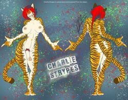 anthro ass charlie_strypes dickgirl ear_piercing feet fur fur_pattern furry green_eyes hair heart_marking heart_pattern heart_shaped_fur intersex model_sheet nipple_piercing nipples paws penis piercing pubes pubic punk red_hair ring stripes testicles thebigbadwolf01 voluptuous