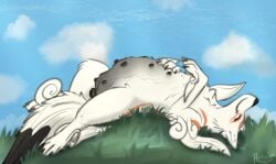 amaterasu_(okami) animal_genitalia animal_vulva basking belly big_belly canid canine canine_genitalia canine_vulva canis capcom closed_eyes digital_media_(artwork) female feral fur genitals happy heliofox mammal multi_nipple nipples okami_(capcom) pregnant pregnant_female pregnant_feral presenting quadruped simple_background smile solo spread_legs spreading stretching teats vulva wolf