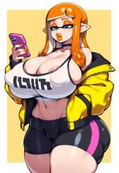 1girls ai_generated alluring areola bare_shoulders bike_shorts bimbo bimbo_body bimbo_lips bimbofication bimbofied blue_eyes blunt_bangs bored breasts cameltoe choker cleavage clothes_writing collarbone colored_nails eyeshadow female gigantic_breasts half-closed_eyes hand_in_pocket holding holding_object holding_phone huge_ass huge_breasts inkling inkling_girl jacket jacket_open lipstick long_ears long_hair long_nails long_sidelocks long_sleeves looking_at_object looking_at_phone makeup massive_breasts narrowed_eyes navel nintendo nipple_bulge novelai off_shoulder open_jacket orange_hair pointy_ears puckered_lips seductive sexy simple_background solo solo_female splatoon tank_top tgm101_(artist) thick_lips thick_thighs thin_waist tight_clothing undersized_clothes uninterested wide_hips