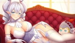 2girls abeen armored_dress blush closed_mouth demon demon_girl duel_monster earrings female fringe gloves huge_breasts labrynth_of_the_silver_castle legwear leotard looking_at_viewer lovely_labrynth_of_the_silver_castle lying pose silver_eyes smile white_hair yu-gi-oh!
