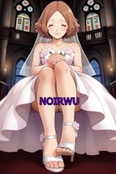 ai_generated dress feet happy haru_okumura high_heels highres night noirwu persona_5 smile toes wedding_dress white_high_heels