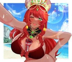 aliciaxlife beach beach_background between_breasts bikini breast_hold breast_squeeze breasts dark-skinned_female dark_skin female gold_jewelry green_eyes jewelry looking_at_viewer monster_energy mouse mouse_ears mouse_girl queen rat rat_girl rat_tail red_hair solo solo_female tongue tongue_out virtual_youtuber vtuber wink winking winking_at_viewer youtuber