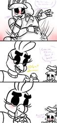 2017 animatronic anthro avian bird blush bonnie_(fnaf) bow_tie buckteeth chica_(fnaf) chicken comic detachable detachable_penis dialogue duo english_text fellatio female five_nights_at_freddy's inkyfrog lagomorph looking_pleasured machine male mammal open_mouth oral penis rabbit restricted_palette robot sex simple_background sweat teeth text tongue tongue_out video_games white_background