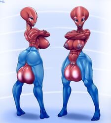 2017 alien anthro ass balls balls_below_pussy balls_sans_penis ber00 black_eyes blue_skin breasts clitoris crossed_arms freckles futa_sans_penis futa_with_balls futa_with_pussy futanari h'el herm hermaphrodite humanoid intersex large_breasts large_testicles looking_at_viewer model_sheet multi_genitalia nipples no_penis noseless nude pinup pose pussy pussy_with_balls red_skin ruta sideboob simple_background solo standing tattoo testicles ultigonian